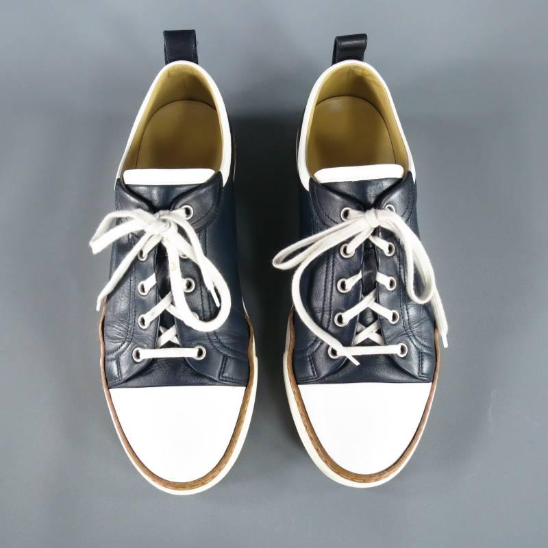 HERMES Size 9 Navy & White Cap Toe Leather Sneakers In Excellent Condition In San Francisco, CA