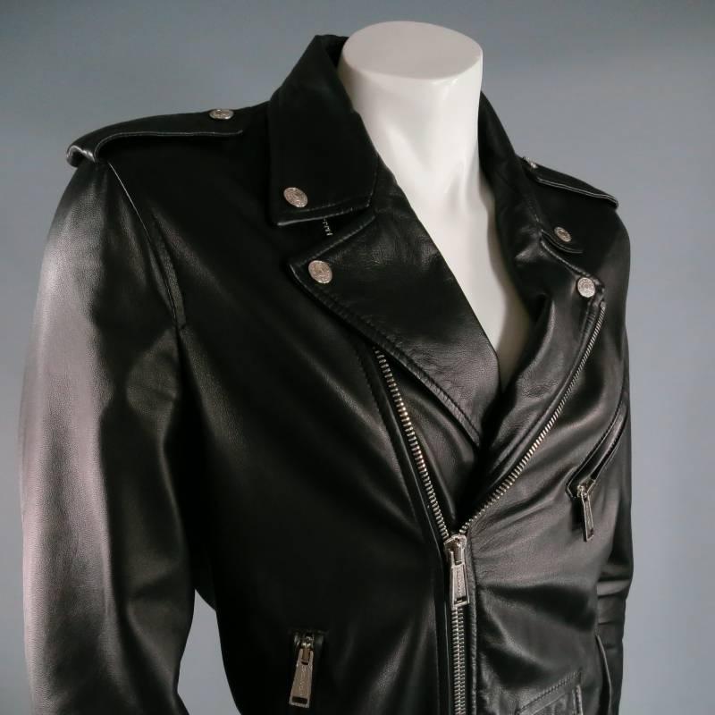 The rider style biker leather jacket- what's not to like.  DSQUARED2 makes a beautiful one with all the signature style elements in a butter soft lambskin leather.  Oversized notch lapels, shoulder tabs, adjustable belted waist at front.  Heavy duty
