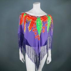ETRO Size L Purple Orange & Green Sequin Tropical Fringe Silk Poncho
