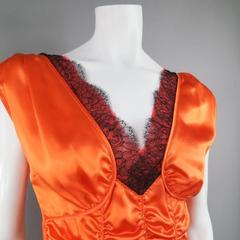PRADA Size 4 Orange Ruched Silk Black Lace V Neck Dress Top