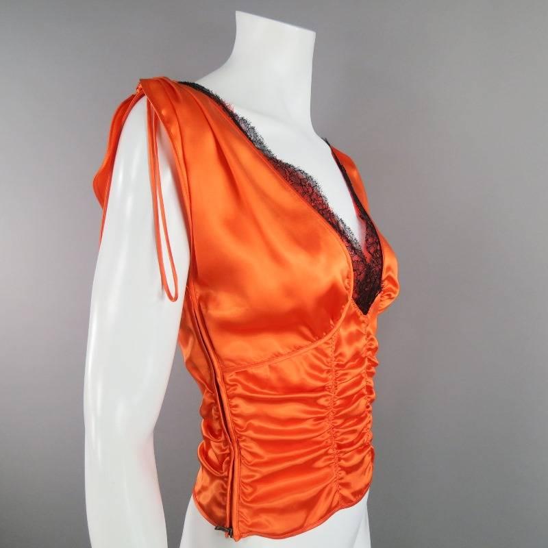 Red PRADA Size 4 Orange Ruched Silk Black Lace V Neck Dress Top
