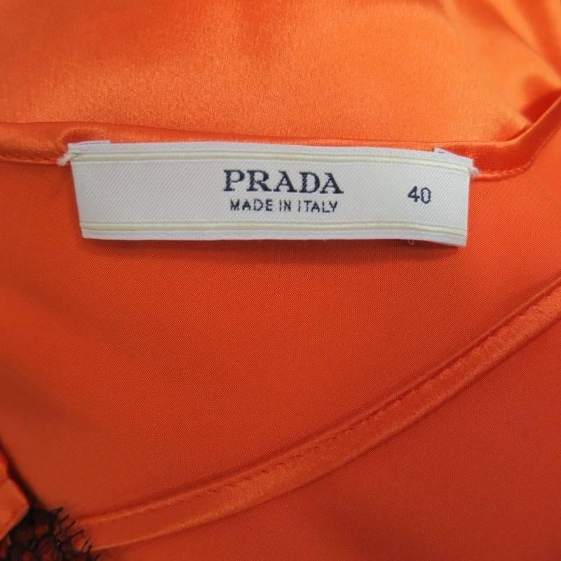 Women's PRADA Size 4 Orange Ruched Silk Black Lace V Neck Dress Top