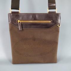 PRADA Brown Canvas & Leather Logo Crossbody Bag