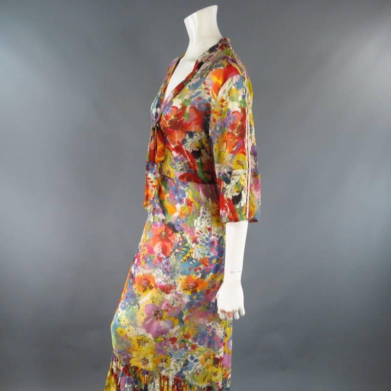 Women's STELLA McCARTNEY Size 10  Floral Ruffle Hook Eye Sleeve Sheer Maxi Dress 2008