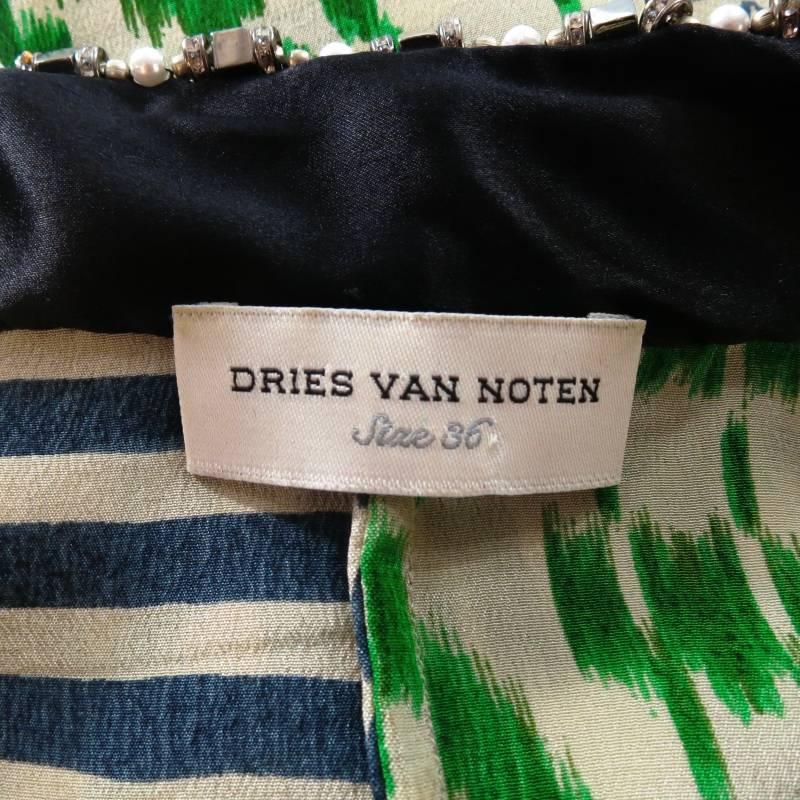 DRIES VAN NOTEN 4 Cream Green Navy Draped Silk Jeweled Neckline Cocktail Dress 2