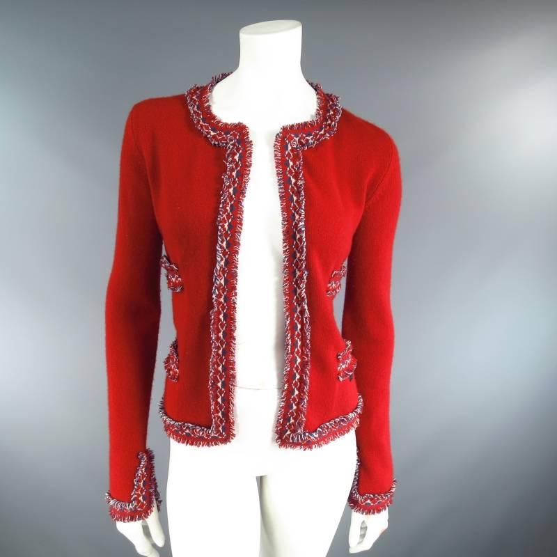 CHANEL Size 8 Red White & Teal Blue Frayed Trim Cashmere Cardigan Fall 2003 Set In Excellent Condition In San Francisco, CA