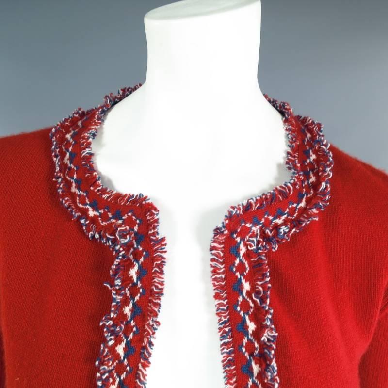Women's CHANEL Size 8 Red White & Teal Blue Frayed Trim Cashmere Cardigan Fall 2003 Set