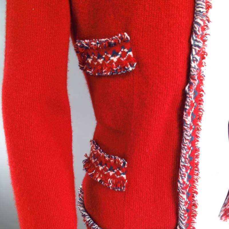 CHANEL Size 8 Red White & Teal Blue Frayed Trim Cashmere Cardigan Fall 2003 Set 4