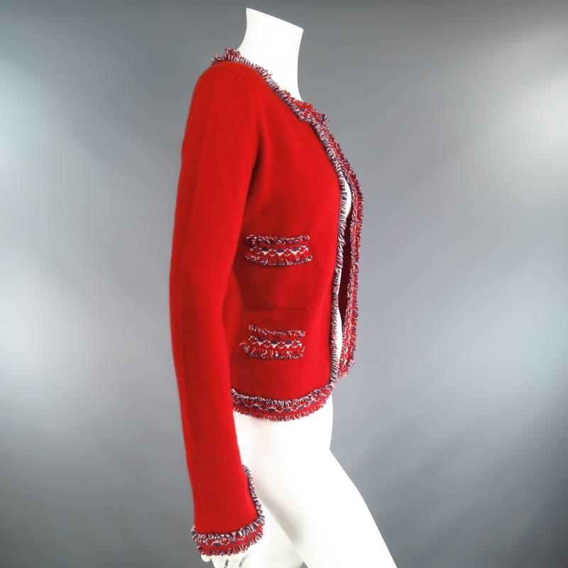 CHANEL Size 8 Red White & Teal Blue Frayed Trim Cashmere Cardigan Fall 2003 Set 2