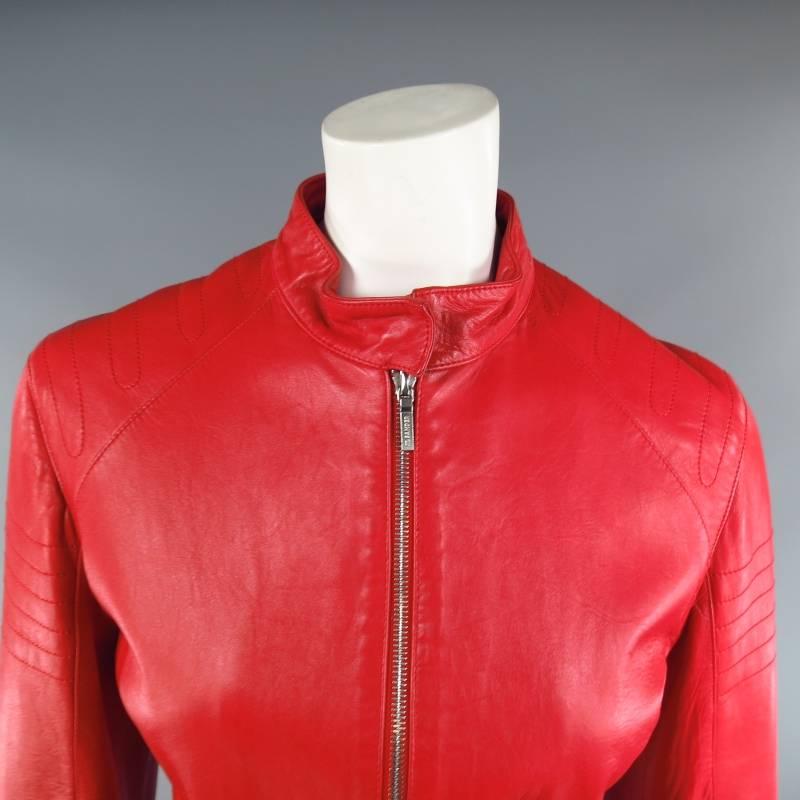 JIL SANDER Size 8 Red Leather Zip Motorcycle Jacket 3