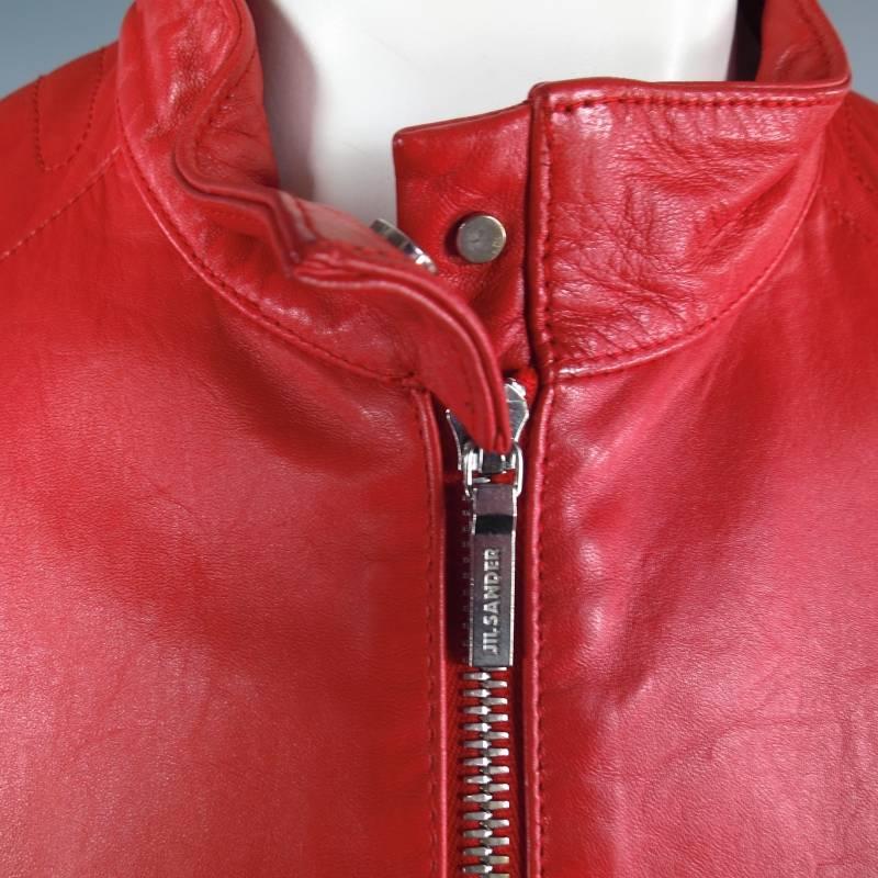 JIL SANDER Size 8 Red Leather Zip Motorcycle Jacket 2