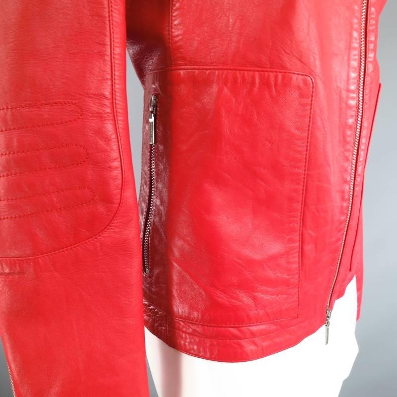 JIL SANDER Size 8 Red Leather Zip Motorcycle Jacket 6