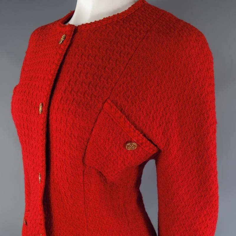 Vintage 1980s 1990s CHANEL Size M Red Wool Tweed Gold Button Hourglass Jacket 5