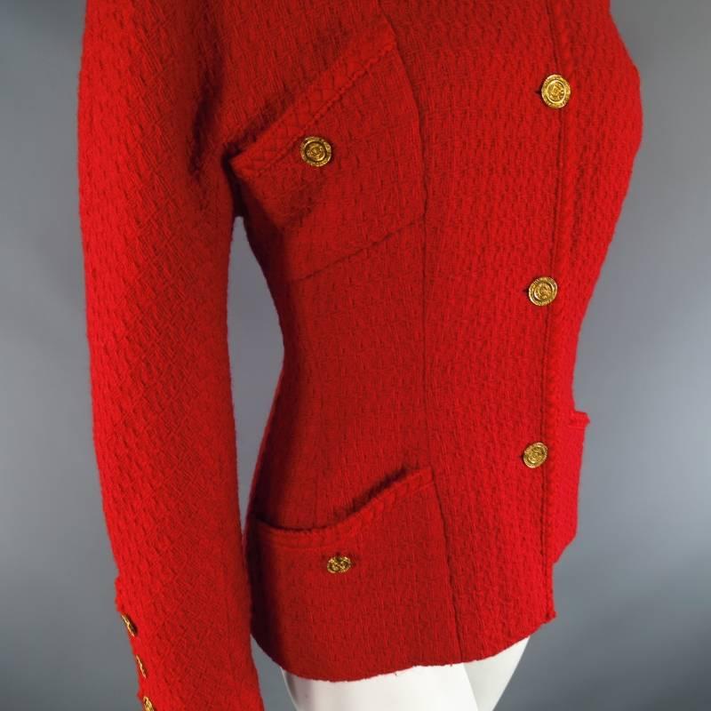 Vintage 1980s 1990s CHANEL Size M Red Wool Tweed Gold Button Hourglass Jacket 4