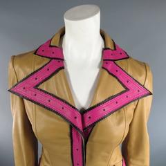 VALENTINO Size 6 Beige Pink & Black Leather Trim Leather Pointed Lapel Jacket