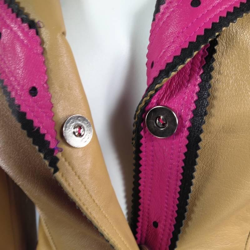 VALENTINO Size 6 Beige Pink & Black Leather Trim Leather Pointed Lapel Jacket 1