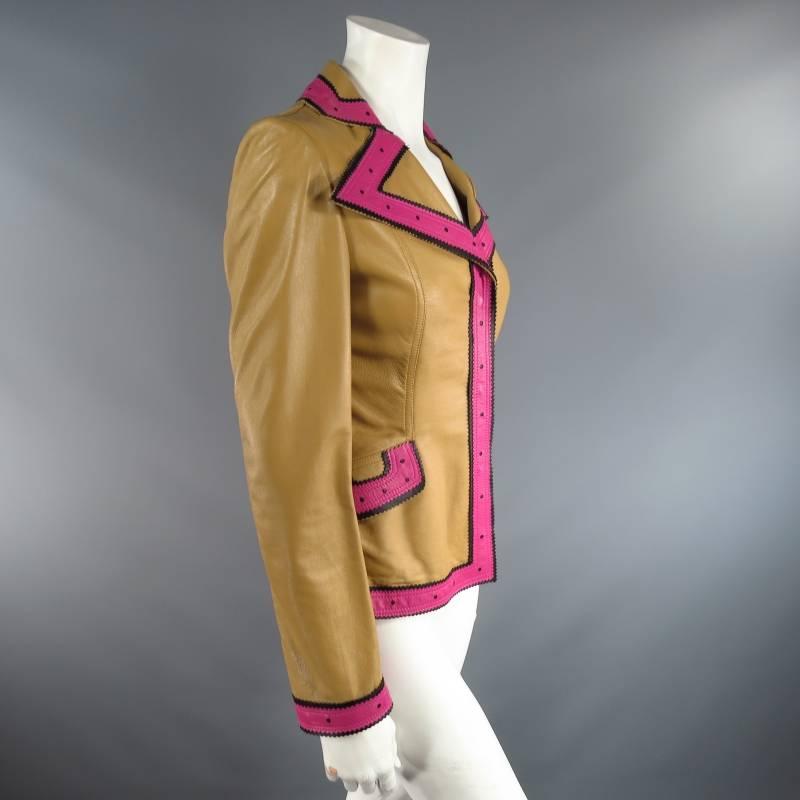 VALENTINO Size 6 Beige Pink & Black Leather Trim Leather Pointed Lapel Jacket In Good Condition In San Francisco, CA