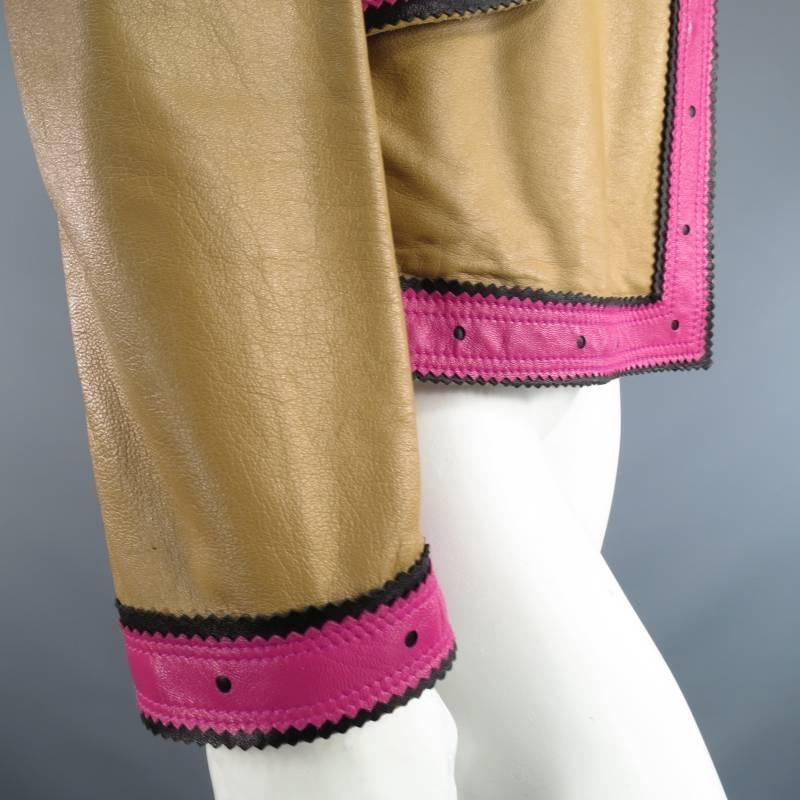 VALENTINO Size 6 Beige Pink & Black Leather Trim Leather Pointed Lapel Jacket 4