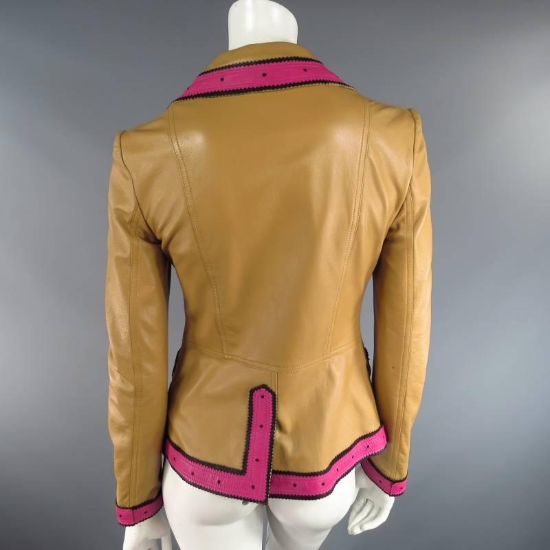 Brown VALENTINO Size 6 Beige Pink & Black Leather Trim Leather Pointed Lapel Jacket