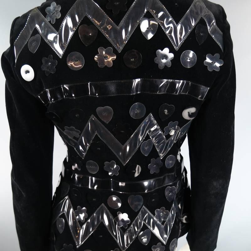 MOSCHINO Cheap & Chic Size M Black Velvet Vinyl Applique Tie Jacket In Excellent Condition In San Francisco, CA