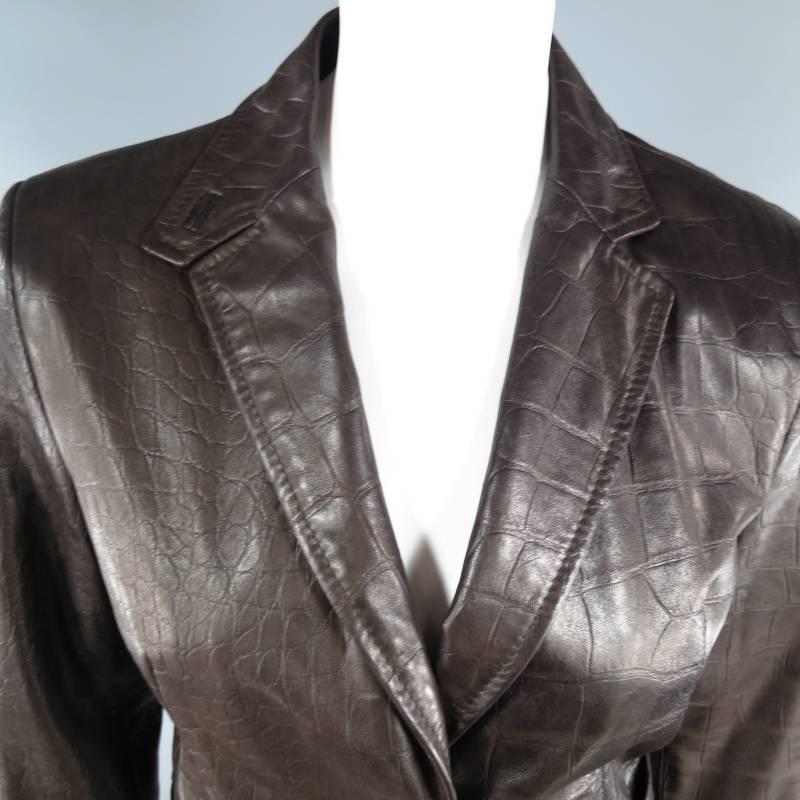 VALENTINO Size 8 Brown Crocodile Embossed Leather Cropped Blazer Jacket 1