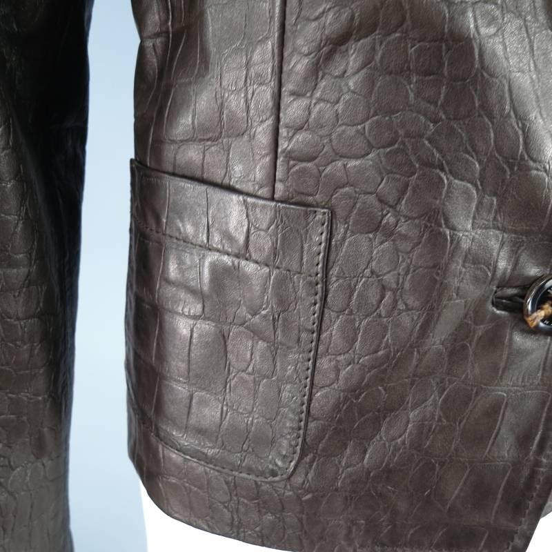 VALENTINO Size 8 Brown Crocodile Embossed Leather Cropped Blazer Jacket 5