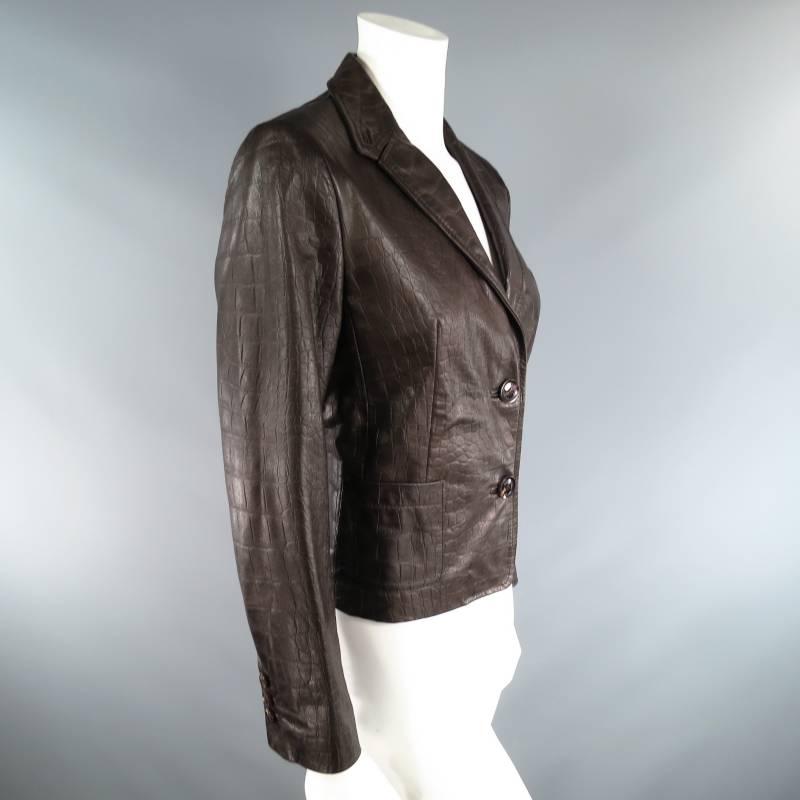 VALENTINO Size 8 Brown Crocodile Embossed Leather Cropped Blazer Jacket 2