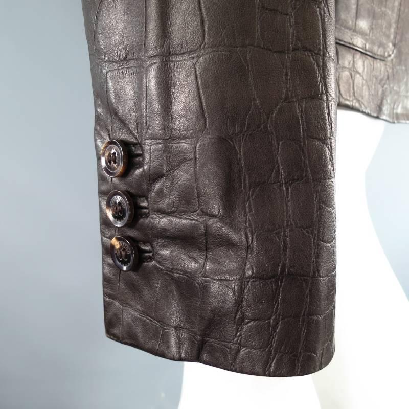 Women's VALENTINO Size 8 Brown Crocodile Embossed Leather Cropped Blazer Jacket