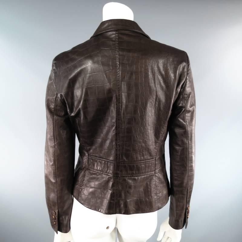 VALENTINO Size 8 Brown Crocodile Embossed Leather Cropped Blazer Jacket In Excellent Condition In San Francisco, CA