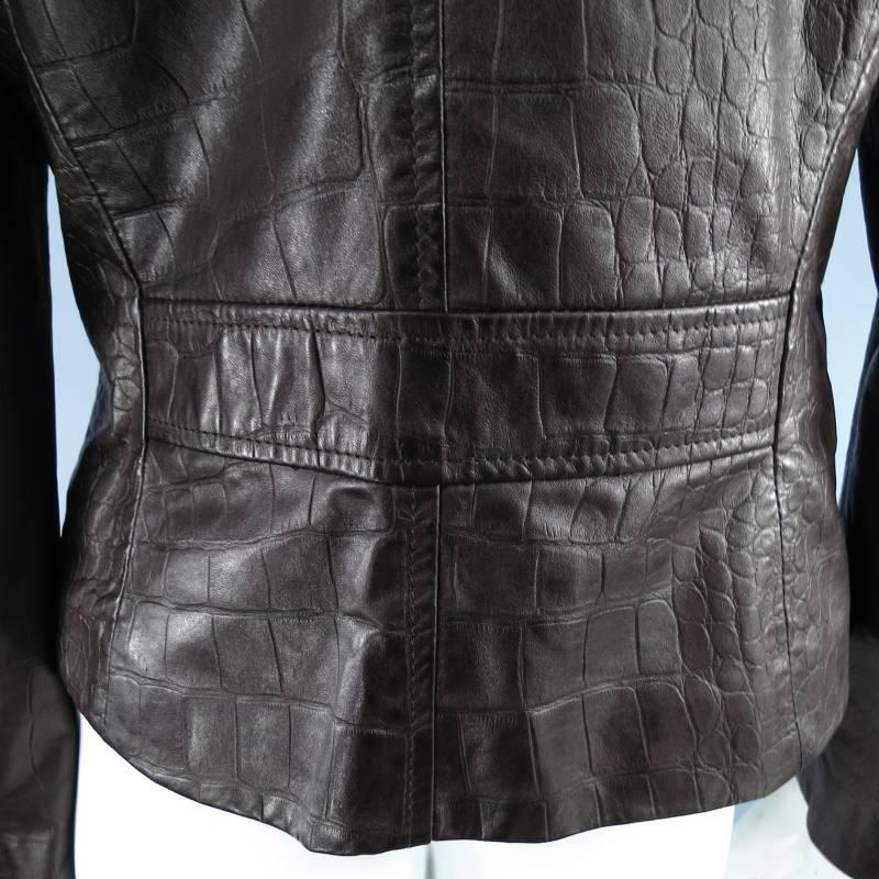 VALENTINO Size 8 Brown Crocodile Embossed Leather Cropped Blazer Jacket 3