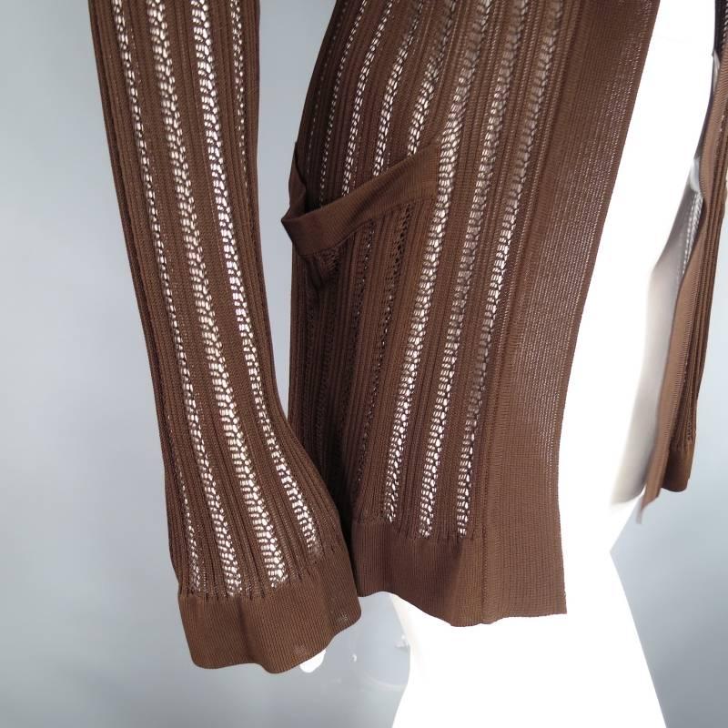 HERMES Size M Brown Ribbed Mesh Viscose Knit Relaxed Fit Cardigan 1