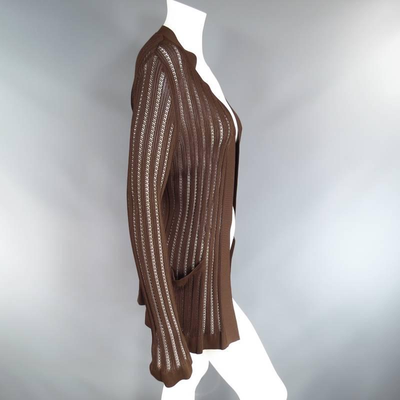Women's HERMES Size M Brown Ribbed Mesh Viscose Knit Relaxed Fit Cardigan