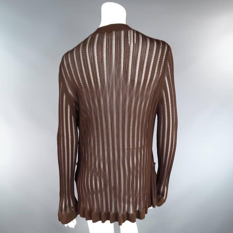 HERMES Size M Brown Ribbed Mesh Viscose Knit Relaxed Fit Cardigan In Good Condition In San Francisco, CA