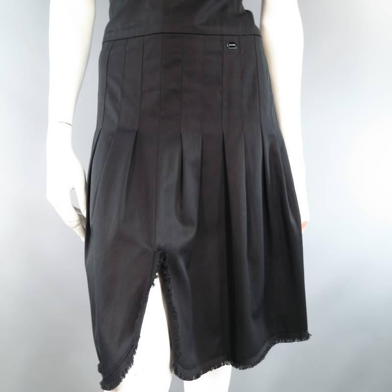 CHANEL Size 8 Black Cotton Spring 2004 Pleated Skirt Frayed Hem Dress 1