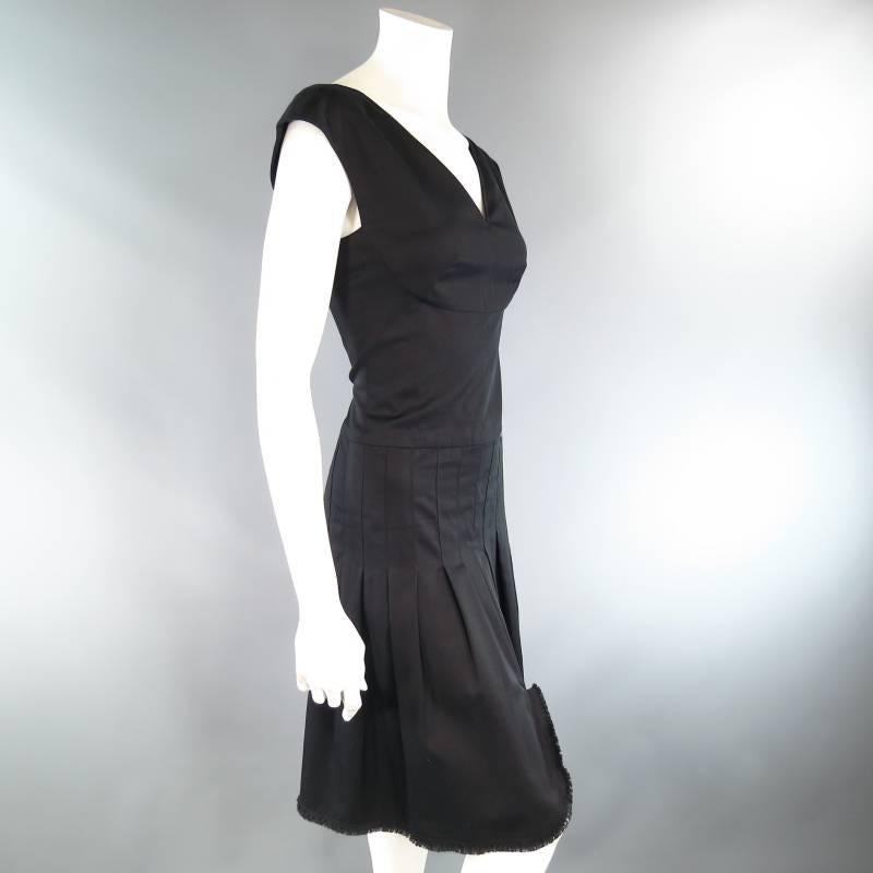 CHANEL Size 8 Black Cotton Spring 2004 Pleated Skirt Frayed Hem Dress 5