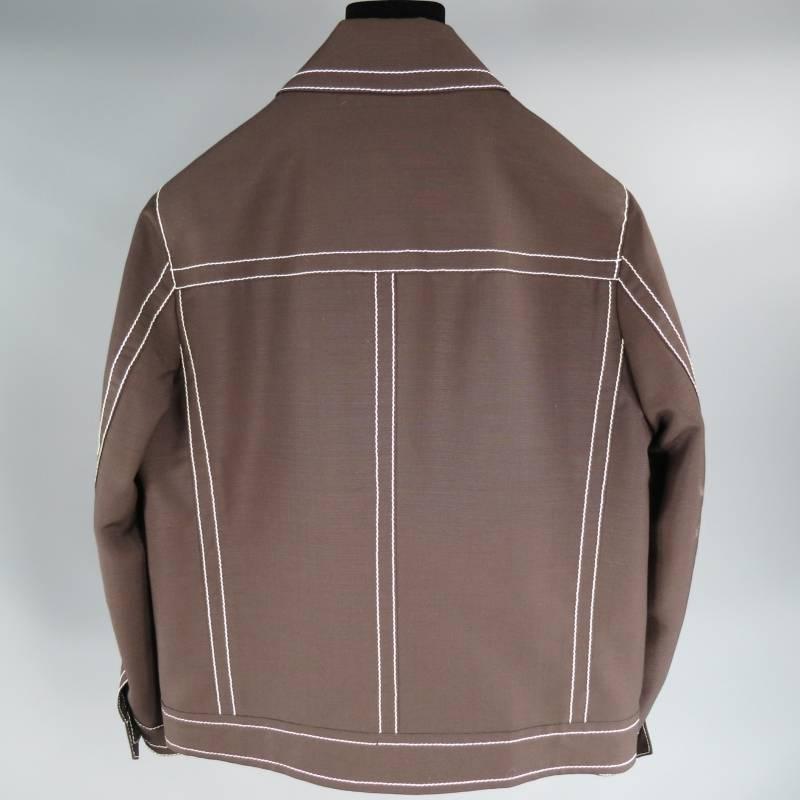 PRADA 36 Brown Mohair / Wool White Contrast Stitched Zip Jacket In Excellent Condition In San Francisco, CA