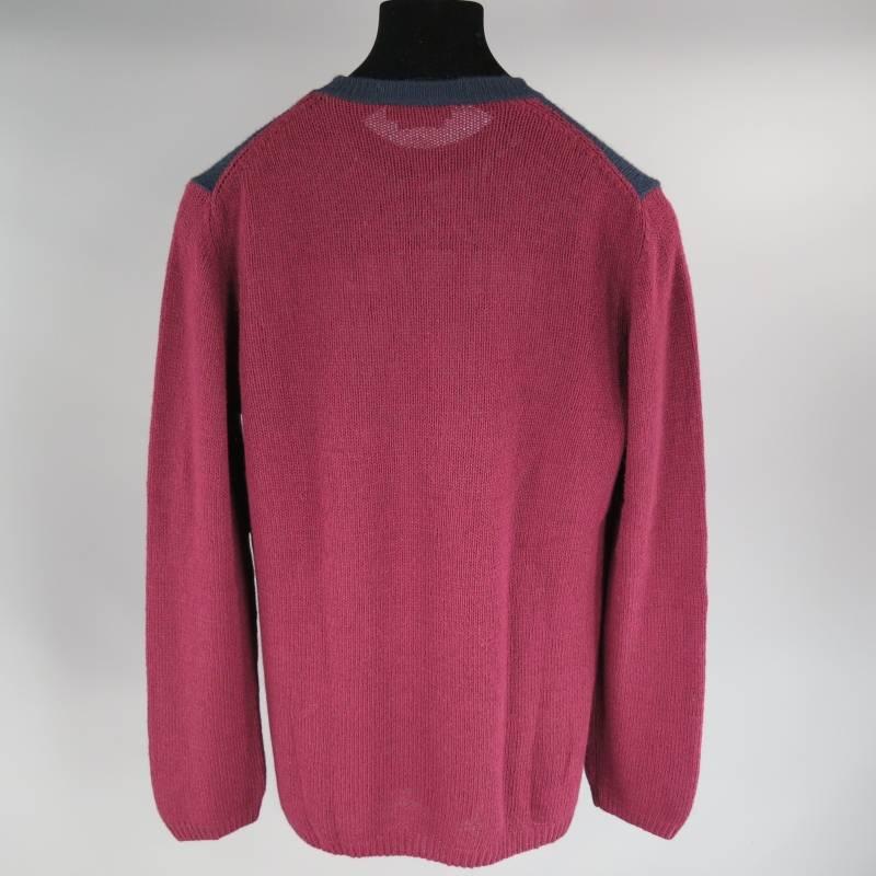 PRADA Size XS Burgundy & Navy Color Blocked Wool Sweater In Excellent Condition In San Francisco, CA