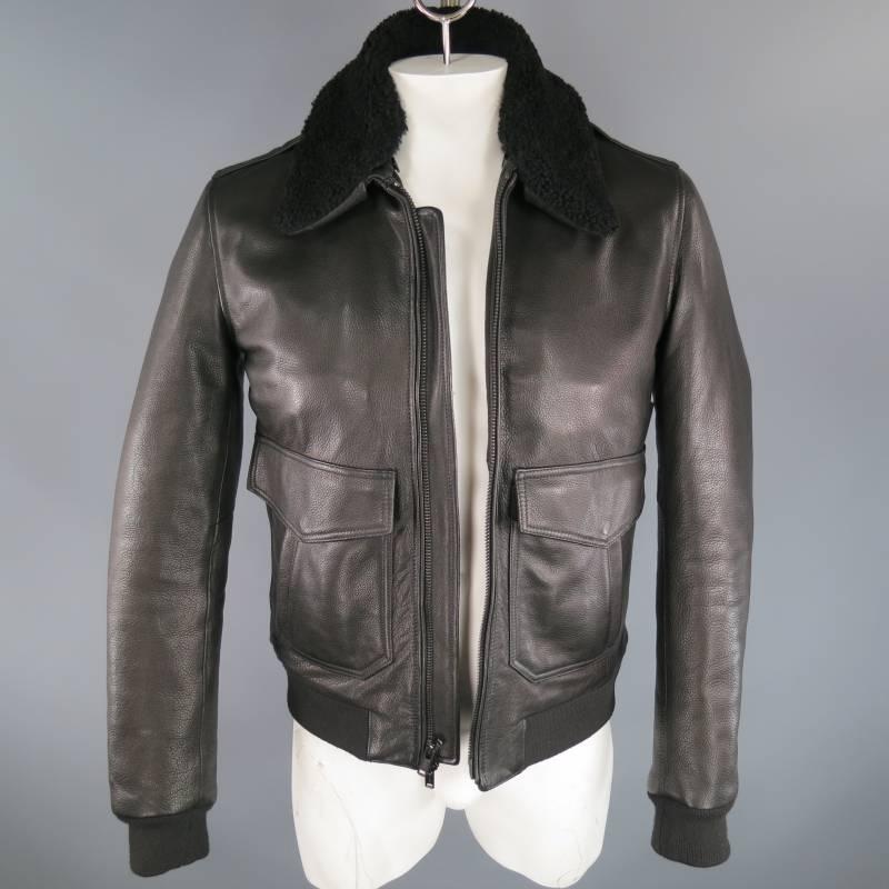 BLK DNM 40 Black Leather Detachable Faux Shearling Collar Bomber Jacket 1