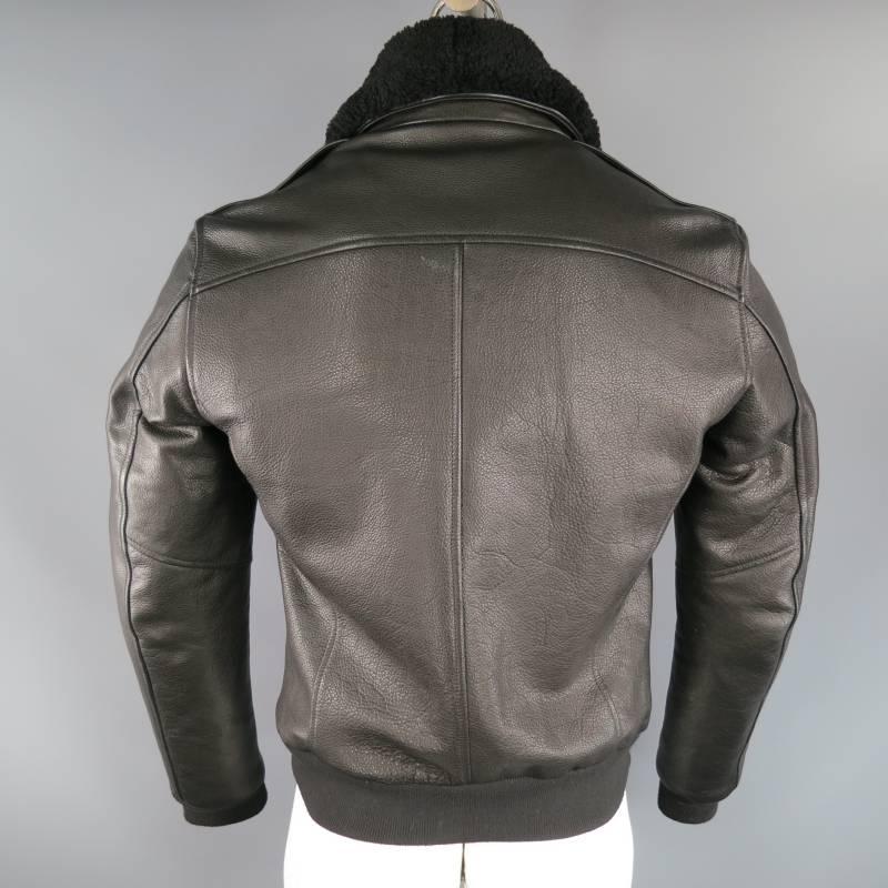 Men's BLK DNM 40 Black Leather Detachable Faux Shearling Collar Bomber Jacket