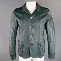 LANVIN Men's 40 Forest Green Leather Button Up Cuffed Jacket