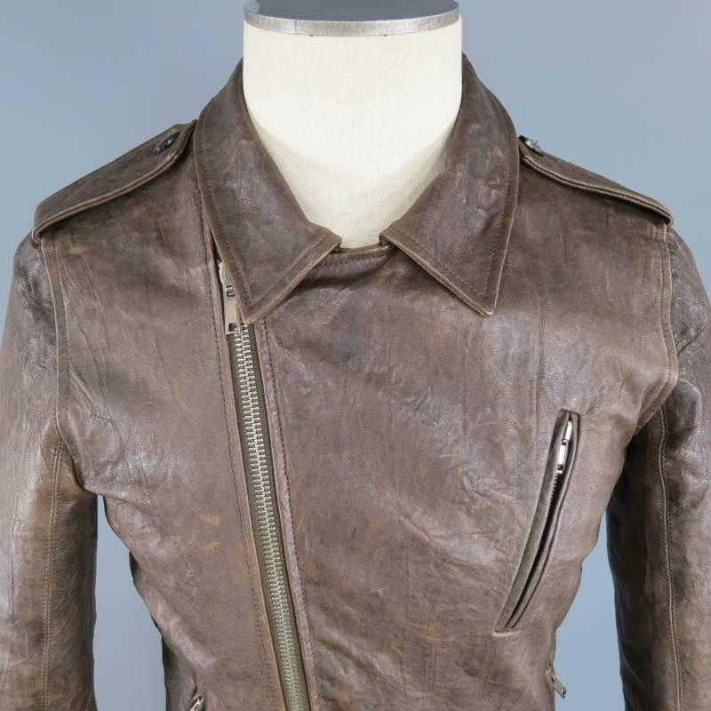 Gray RICK OWENS Men's 38 BrownTextured Leather Diagonal Zip Biker Jacket