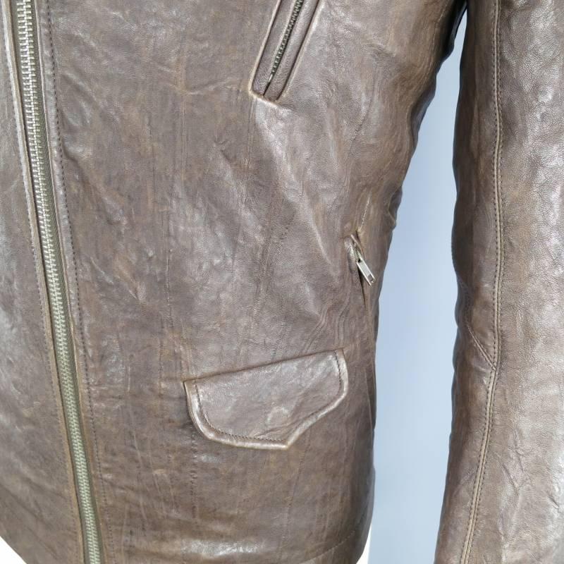 RICK OWENS Men's 38 BrownTextured Leather Diagonal Zip Biker Jacket In Excellent Condition In San Francisco, CA