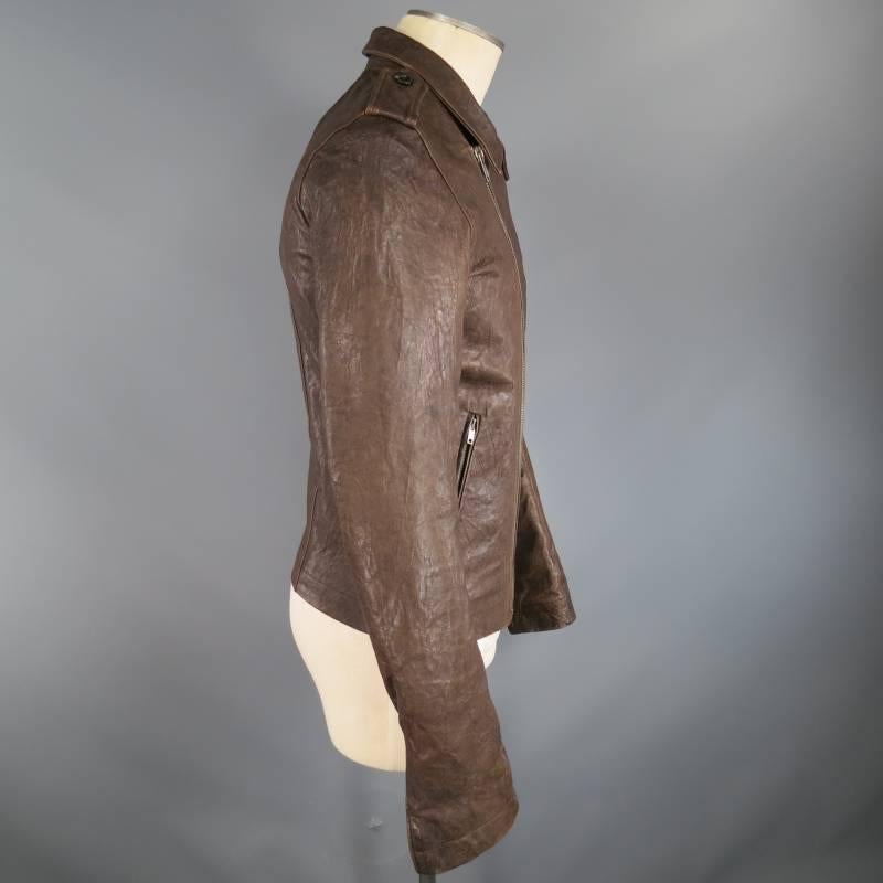 RICK OWENS Men's 38 BrownTextured Leather Diagonal Zip Biker Jacket 4