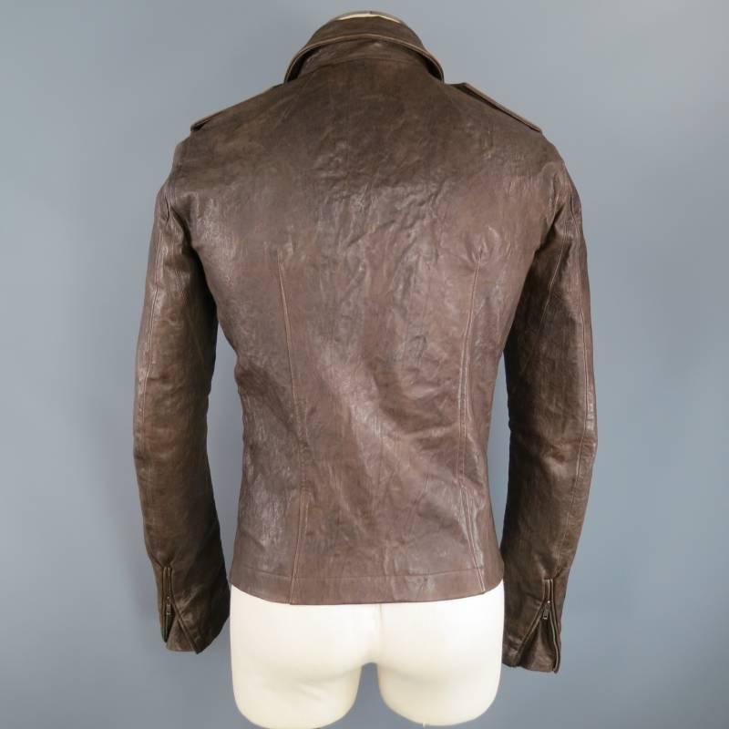 RICK OWENS Men's 38 BrownTextured Leather Diagonal Zip Biker Jacket 5