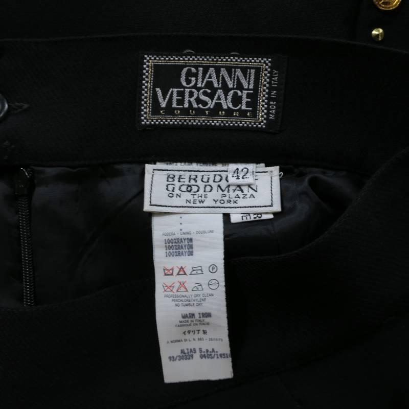 Vintage GIANNI VERSACE 1993 8 Black Gold Medusa Stud Leather Trim Skirt Suit 6