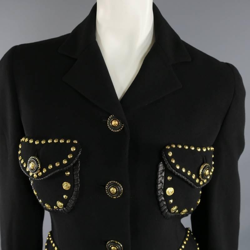 Vintage GIANNI VERSACE 1993 8 Black Gold Medusa Stud Leather Trim Skirt Suit 1