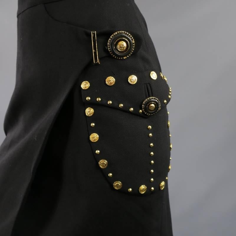 Vintage GIANNI VERSACE 1993 8 Black Gold Medusa Stud Leather Trim Skirt Suit 2