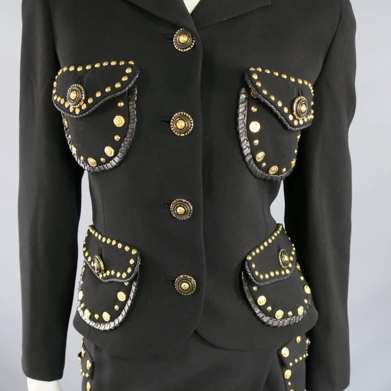 Vintage GIANNI VERSACE 1993 8 Black Gold Medusa Stud Leather Trim Skirt Suit 3