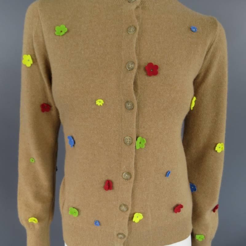 D&G Size S Tan Wool Blend Floral Applique Cardigan Turtleneck Sweater Set 1