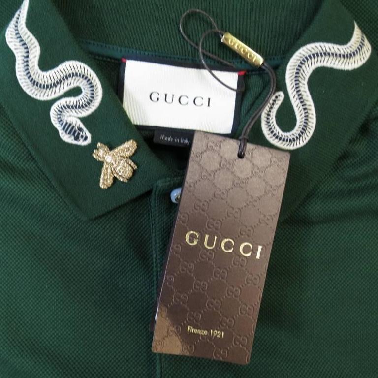 GUCCI Size S Mens Green Pique Snake and Gold Fly Applique Collar POLO